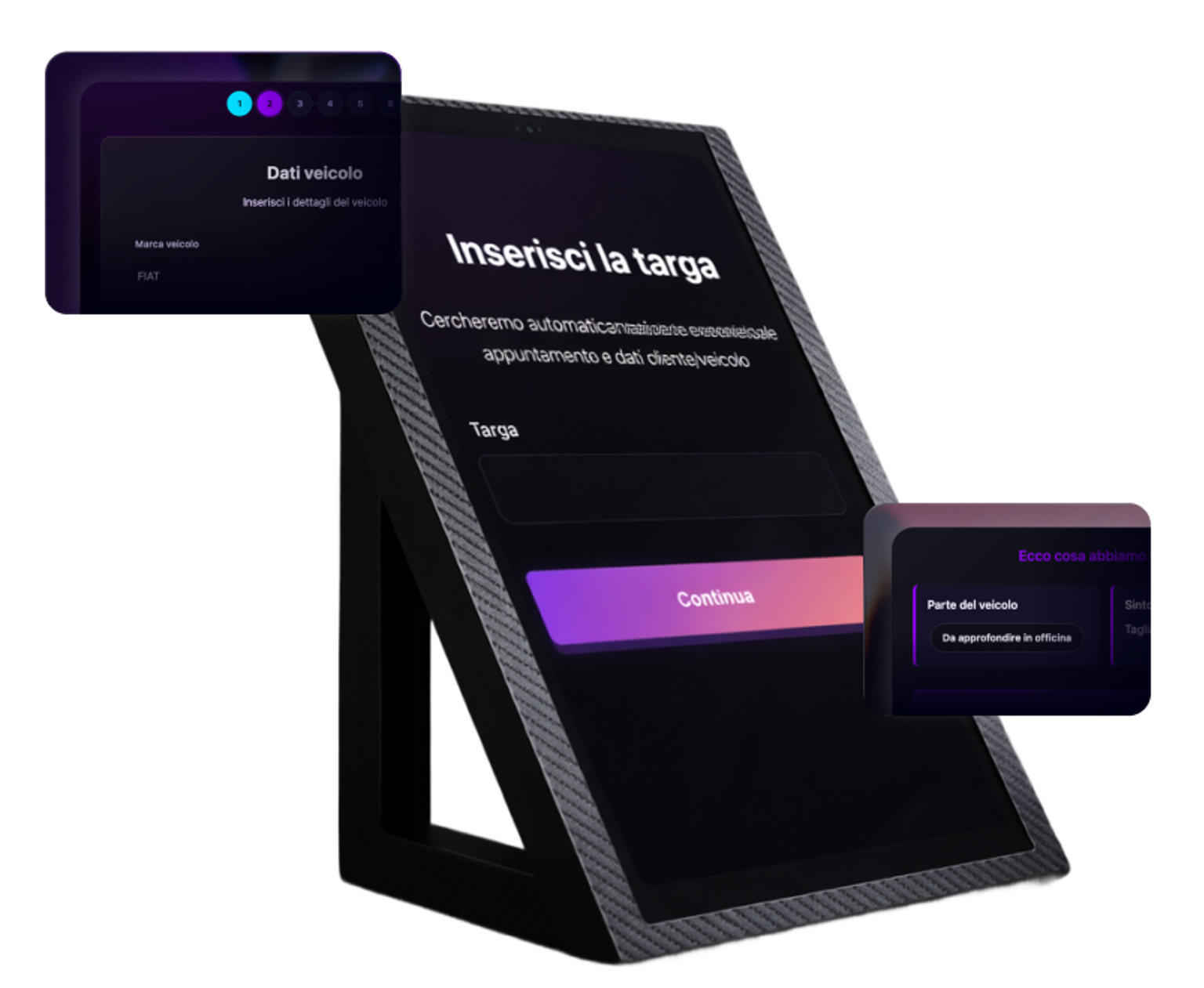 Totem di accettazione Ariaa con schermata di inserimento targa per ricerca automatica di appuntamento e dati cliente, affiancato da dettagli delle schermate dati veicolo e stato approvazione